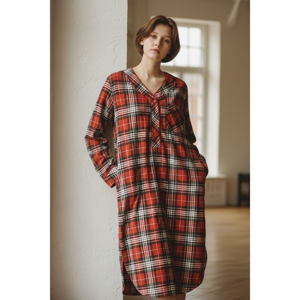 Cozee Corner Flannel Nightgown Red Tartan Plaid Cotton Womens Size Large